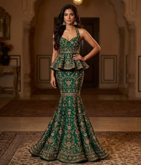 An emerald embroidered mermaid lehenga