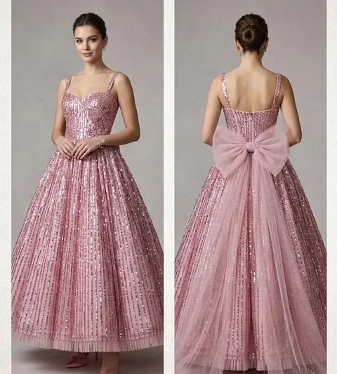 A blush sequinned gown with a bow at the back