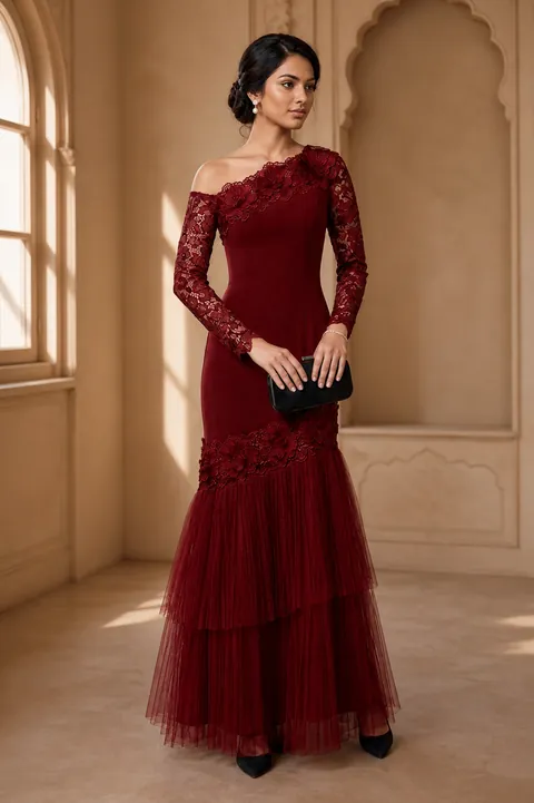A maroon lace gown with one shoulder